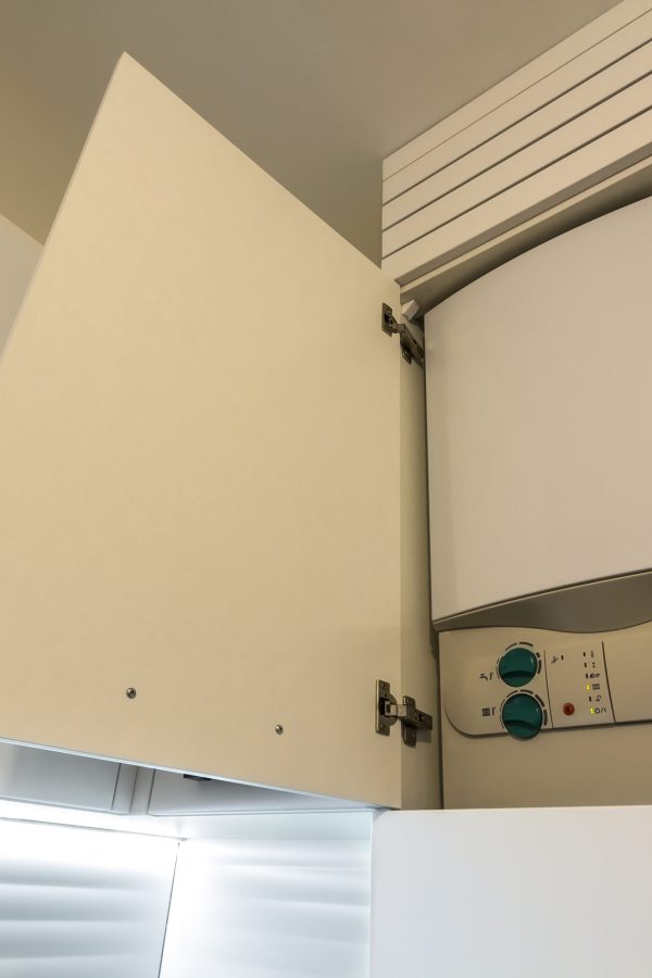 Home gas water heater boiler in kitchen furniture for apartment of home heating